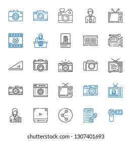 multimedia icons set. Collection of multimedia with camcorder, journalist, share, video player, television, photo camera, web development. Editable and scalable multimedia icons.