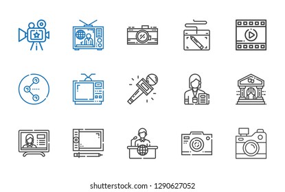 multimedia icons set. Collection of multimedia with camera, photo camera, news report, graphic tablet, theater, journalist, television. Editable and scalable multimedia icons.