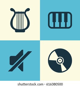 Multimedia Icons Set. Collection Of Cd, Lyre, Silence And Other Elements. Also Includes Symbols Such As Vinyl, Lyre, Keyboard.