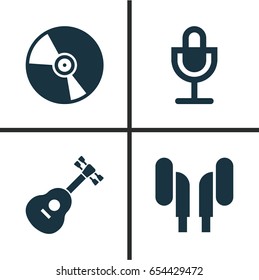Multimedia Icons Set. Collection Of Cd, Mike, Instrument And Other Elements. Also Includes Symbols Such As Turntable, Instrument, Headset.