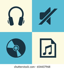 Multimedia Icons Set. Collection Of Cd, File, Silence And Other Elements. Also Includes Symbols Such As File, Earphone, Earmuff.