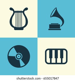 Multimedia Icons Set. Collection Of Cd, Phonograph, Octave And Other Elements. Also Includes Symbols Such As Antique, Gramophone, Cd.