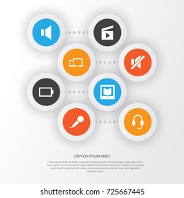 Multimedia Icons Set. Collection Of Devices, Empty Accumulator, Mute And Other Elements. Also Includes Symbols Such As Laptop, Tablet, Mute.