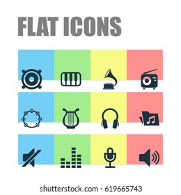 Multimedia Icons Set. Collection Of Dossier, Equalizer, Timbrel And Other Elements. Also Includes Symbols Such As Timbrel, Tuner, Mixer.