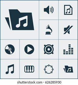 Multimedia Icons Set. Collection Of Dossier, Silence, Sound And Other Elements. Also Includes Symbols Such As Music, Cd, Piano.