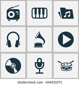 Multimedia Icons Set. Collection Of Dossier, Earphone, Mike And Other Elements. Also Includes Symbols Such As Earphone, Instrument, Phonograph.