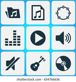 Multimedia Icons Set. Collection Of Dossier, Start, Timbrel And Other Elements. Also Includes Symbols Such As Cd, Mixer, Play.