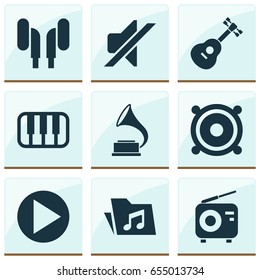 Multimedia Icons Set. Collection Of Dossier, Start, Earmuff And Other Elements. Also Includes Symbols Such As Fm, Mute, Guitar.