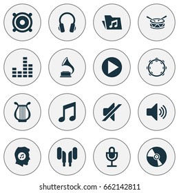 Multimedia Icons Set. Collection Of Dossier, Phonograph, Lyre And Other Elements. Also Includes Symbols Such As Equalizer, Start, Meloman.