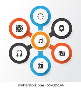 Multimedia Icons Set. Collection Of Dossier, Megaphone, Timbrel And Other Elements. Also Includes Symbols Such As Headphone, Tuner, Meloman.
