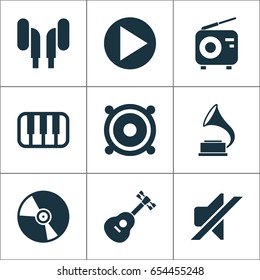 Multimedia Icons Set. Collection Of Earmuff, Phonograph, Tuner And Other Elements. Also Includes Symbols Such As Musical, Play, Speaker.