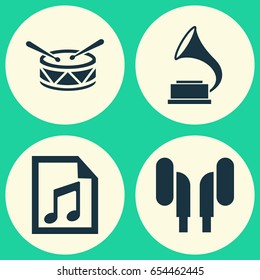 Multimedia Icons Set. Collection Of Earmuff, File, Phonograph And Other Elements. Also Includes Symbols Such As Headphone, Gramophone, File.