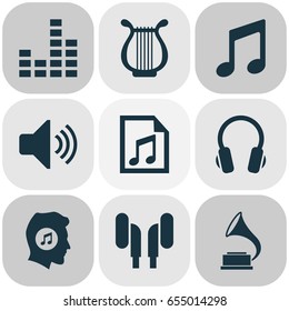 Multimedia Icons Set. Collection Of Earmuff, Equalizer, Meloman And Other Elements. Also Includes Symbols Such As File, Instrument, Music.