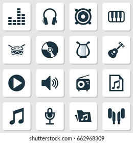 Multimedia Icons Set. Collection Of Earphone, Start, Cd And Other Elements. Also Includes Symbols Such As Fm, Earmuff, Drum.