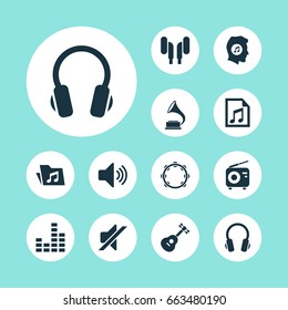 Multimedia Icons Set. Collection Of Earphone, Phonograph, File And Other Elements. Also Includes Symbols Such As Mute, Dossier, Sound.