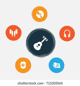 Multimedia Icons Set. Collection Of Earphone, Instrument, Dossier And Other Elements. Also Includes Symbols Such As Dossier, Turntable, Music.
