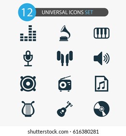 Multimedia Icons Set. Collection Of Equalizer, Megaphone, Mike And Other Elements. Also Includes Symbols Such As Speaker, Earmuff, Antique.