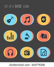 Multimedia Icons Set. Collection Of Equalizer, Earphone, Phonograph And Other Elements. Also Includes Symbols Such As Phonograph, Antique, Dossier.