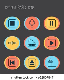 Multimedia Icons Set. Collection Of Extract Device, Run Song Back, Start Song And Other Elements. Also Includes Symbols Such As Play, Start, Tribune.