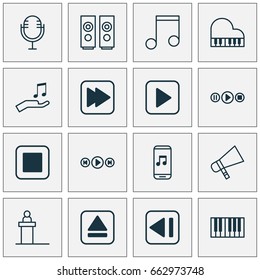Multimedia Icons Set. Collection Of Extract Device, Start Song, Audio Mobile And Other Elements. Also Includes Symbols Such As Box, Start, Megaphone.