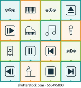 Multimedia Icons Set. Collection Of Extract Device, Mute Song, Stop Button And Other Elements. Also Includes Symbols Such As Eject, Extract, App.