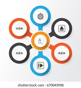 Multimedia Icons Set. Collection Of Extract Device, Audio Buttons, Song UI And Other Elements. Also Includes Symbols Such As Extract, Next, Disco.