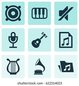 Multimedia Icons Set. Collection Of File, Instrument, Phonograph And Other Elements. Also Includes Symbols Such As Speaker, Playlist, Antique.