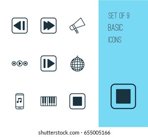 Multimedia Icons Set. Collection Of Following Song, Stop Button, Bullhorn And Other Elements. Also Includes Symbols Such As Previous, Media, Hailer.