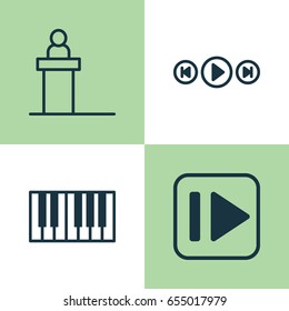 Multimedia Icons Set. Collection Of Following Music, Piano, Rostrum And Other Elements. Also Includes Symbols Such As Media, Rostrum, Instrument.