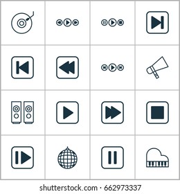 Multimedia Icons Set. Collection Of Following Music, Bullhorn, Dance Club And Other Elements. Also Includes Symbols Such As Pause, Gramophone, Music.