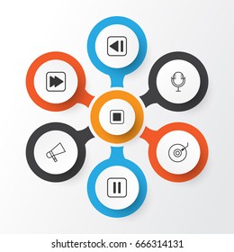 Multimedia Icons Set. Collection Of Gramophone, Following Song, Mute Song And Other Elements. Also Includes Symbols Such As Hailer, Back, Button.