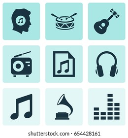 Multimedia Icons Set. Collection Of Instrument, Music, Barrel And Other Elements. Also Includes Symbols Such As Music, Equalizer, Headphone.