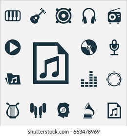 Multimedia Icons Set. Collection Of Instrument, Mike, Equalizer And Other Elements. Also Includes Symbols Such As Play, Musical, Gramophone.