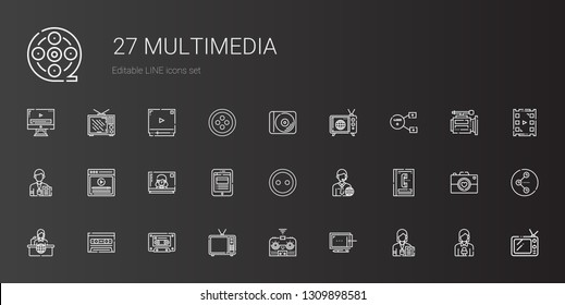 multimedia icons set. Collection of multimedia with journalist, graphic tablet, remote control, television, cassette, news report, phone book. Editable and scalable multimedia icons.