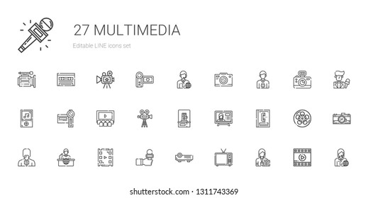 multimedia icons set. Collection of multimedia with journalist, television, projector, news reporter, video player, news report, phone book. Editable and scalable multimedia icons.