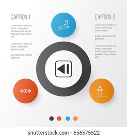 Multimedia Icons Set. Collection Of Last Song, Note Donate, Rostrum And Other Elements. Also Includes Symbols Such As Scene, Play, Button.