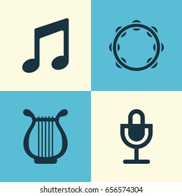 Multimedia Icons Set. Collection Of Lyre, Mike, Music And Other Elements. Also Includes Symbols Such As Tambourine, Lyre, Harp.