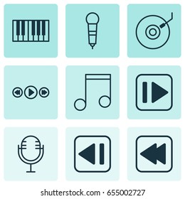 Multimedia Icons Set. Collection Of Microphone, Mike, Rewind Back And Other Elements. Also Includes Symbols Such As Synthesizer, Music, Microphone.