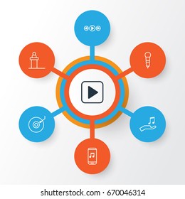 Multimedia Icons Set. Collection Of Microphone, Gramophone, Start Song And Other Elements. Also Includes Symbols Such As Music, Control, Donate.