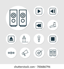 Multimedia Icons Set. Collection Of Microphone, Extract Device, Rewind Back And Other Elements. Also Includes Symbols Such As Back, Box, Scene.