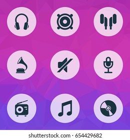 Multimedia Icons Set. Collection Of Mike, Megaphone, Tuner And Other Elements. Also Includes Symbols Such As Vinyl, Phonograph, Silent.