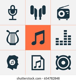 Multimedia Icons Set. Collection Of Mike, Equalizer, File And Other Elements. Also Includes Symbols Such As Headphone, Tuner, Fm.