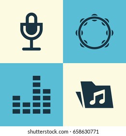 Multimedia Icons Set. Collection Of Mike, Equalizer, Dossier And Other Elements. Also Includes Symbols Such As Percussion, Tambourine, Equalizer.