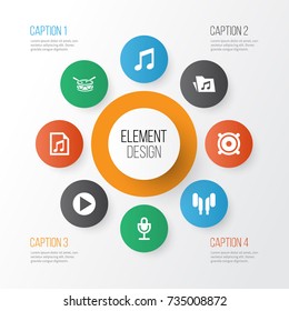 Multimedia Icons Set. Collection Of Mike, Music, File And Other Elements. Also Includes Symbols Such As Microphone, Megaphone, Loudspeaker.
