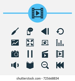 Multimedia Icons Set. Collection Of Mobile Content, Enlarge, Equalizer And Other Elements. Also Includes Symbols Such As Cinema, Audio, Enlarge.