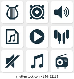 Multimedia Icons Set. Collection Of Music, File, Start And Other Elements. Also Includes Symbols Such As Music, Instrument, Lyre.