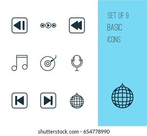 Multimedia Icons Set. Collection Of Music Control, Last Song, Gramophone And Other Elements. Also Includes Symbols Such As Melody, Party, Ball.