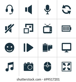 Multimedia Icons Set. Collection Of Musical Note, Enlarge, Silence And Other Elements. Also Includes Symbols Such As Minimize, Microphone, Enlarge.