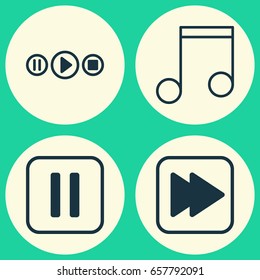 Multimedia Icons Set. Collection Of Mute Song, Following Song, Song UI And Other Elements. Also Includes Symbols Such As Forward, Note, Next.