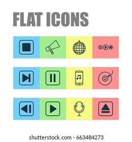 Multimedia Icons Set. Collection Of Mute Song, Dance Club, Gramophone And Other Elements. Also Includes Symbols Such As Extract, Forward, Music.